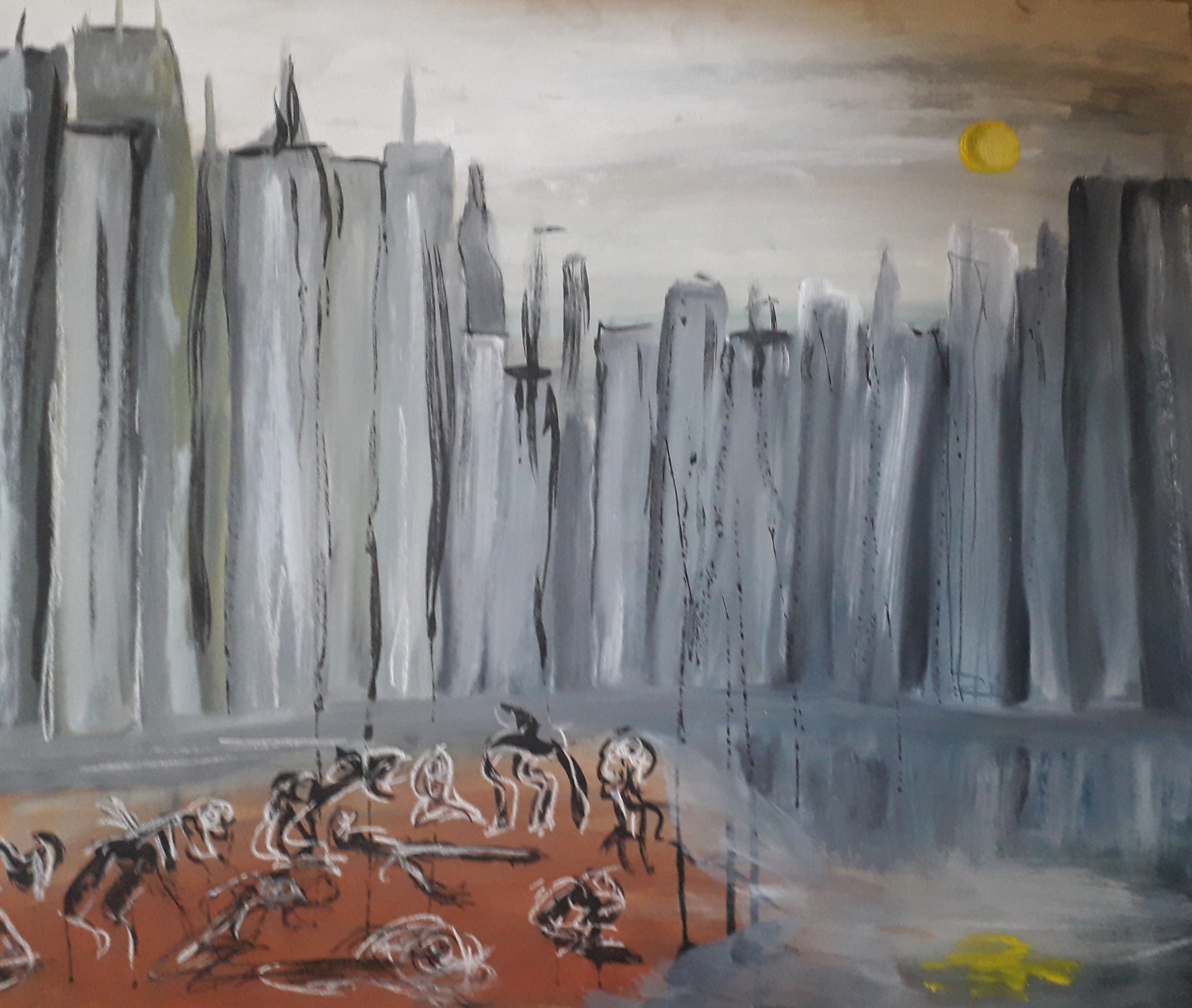 City Limit With Birds On The Beach - Oil, Ink and Charcoal on board - 21.25×25.5 -£20.00