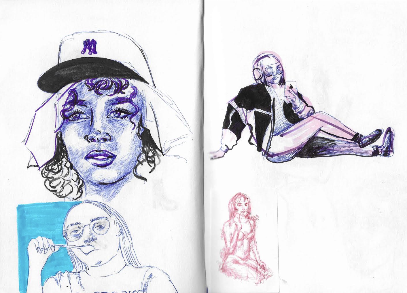 Sketchbook pages: biro and felt-tip portrait studies