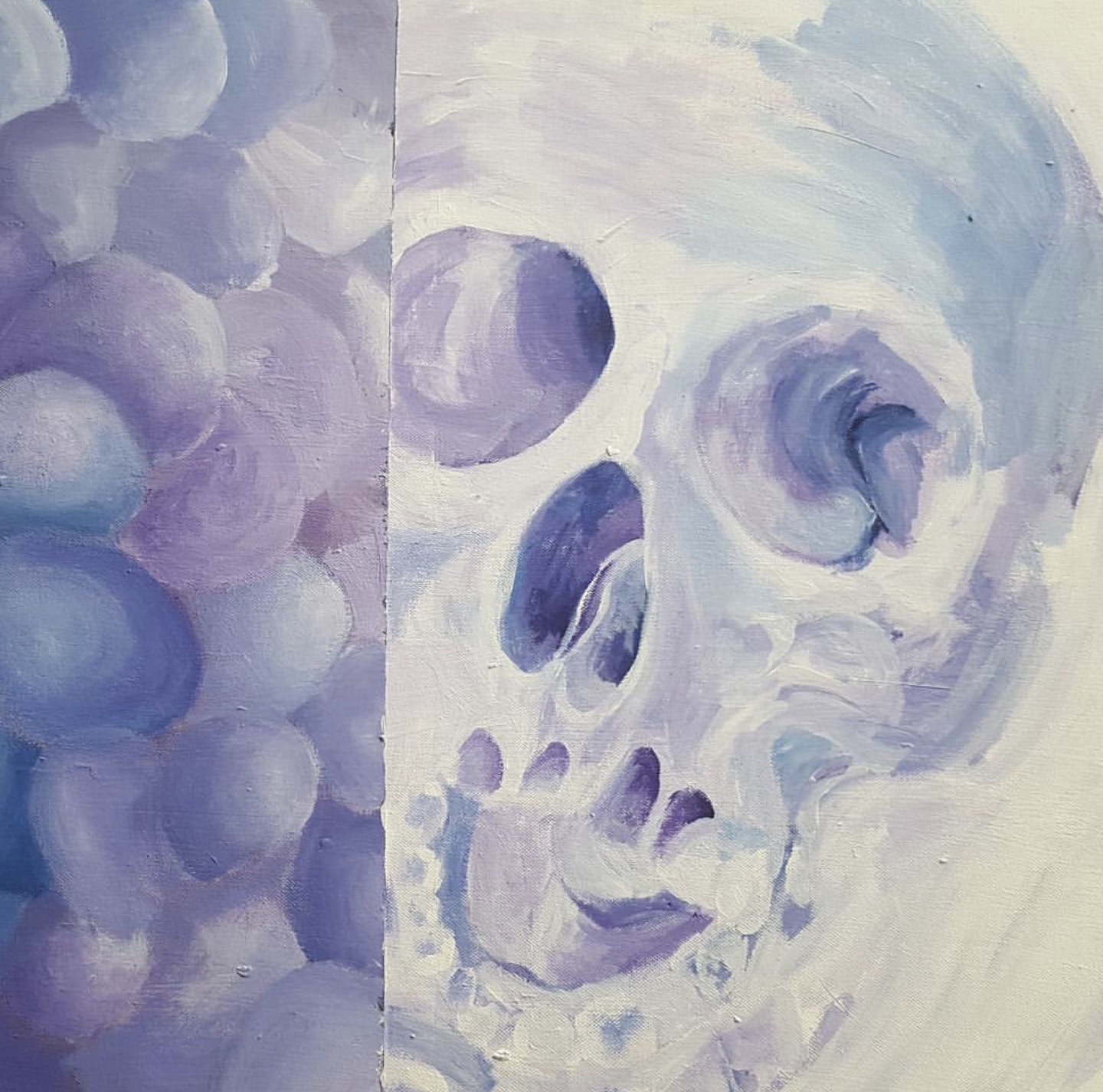Cancer Cell Acrylic Painting. (Left) Cancer Cell, (right) Human Skull.