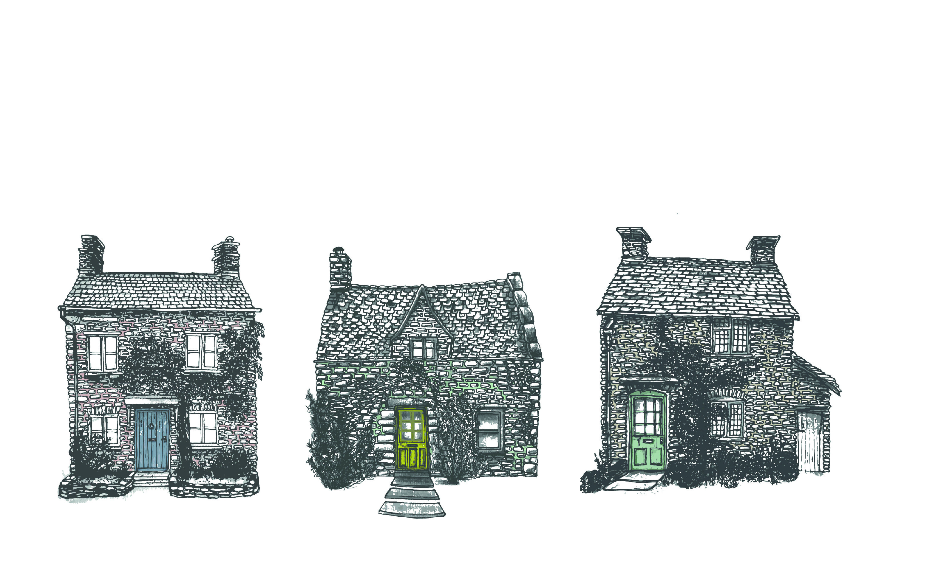 Cottage illustrations drawn with pencil and ink