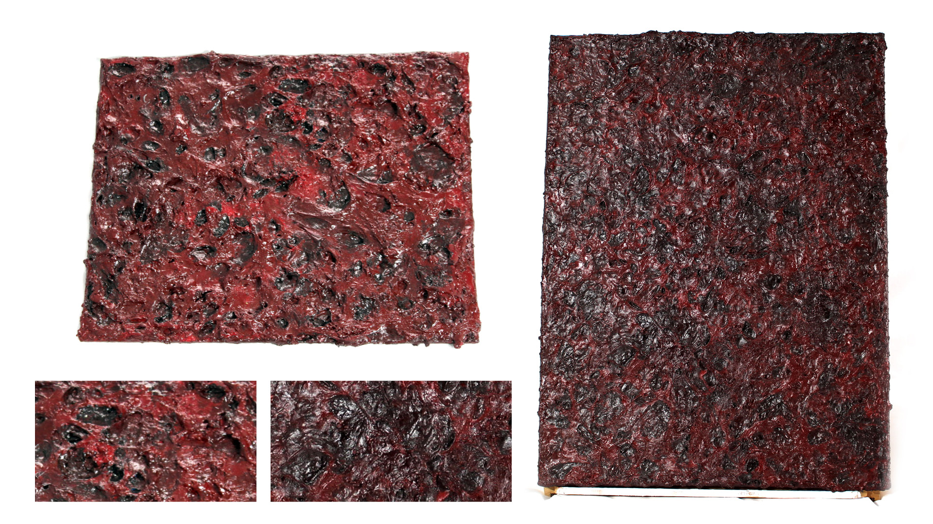 CSM Portfolio P8: Decay project - Inspired by Anish Kapoor, these pieces (A5 and A2 sized) attempt to highlight the decaying properties of flesh and organic material, created using layers of acrylic painted PVA glue on canvas.