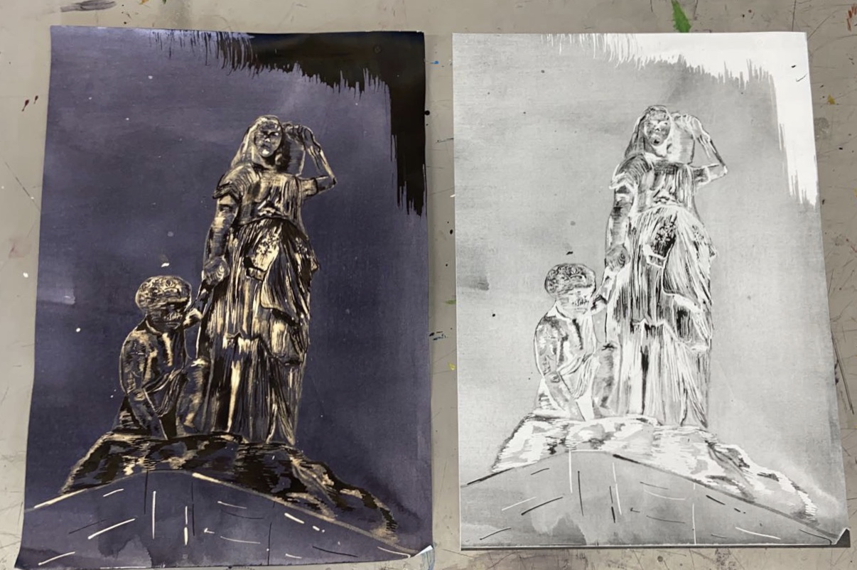 Bleach onto inked paper with a negative photocopy