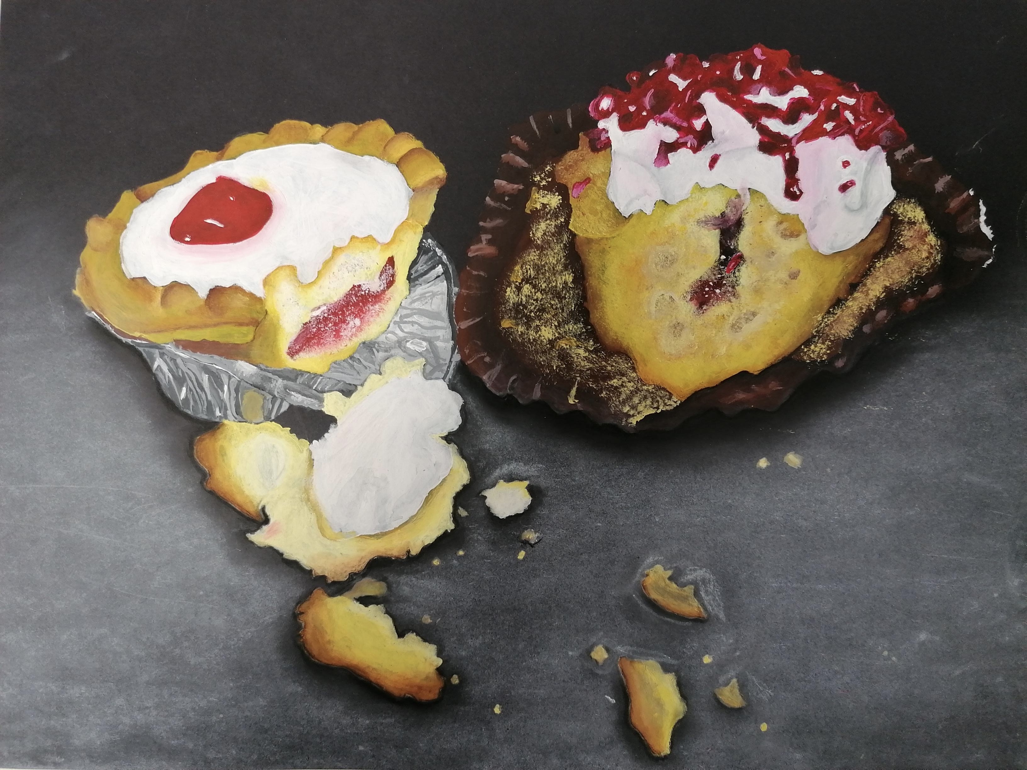 A hyper-realist style, acrylic study of images of crumbled cakes. Used for my GCSE food project.