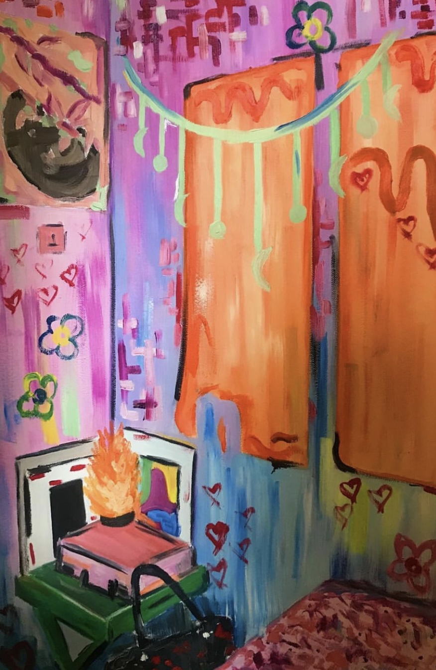 Original piece of a room at sunset, done in mixed media on Canvas.