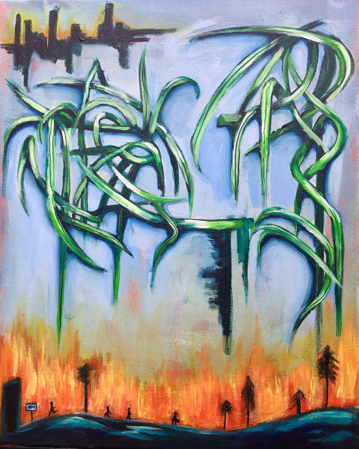 ‘Naive’ Acrylic painting on A2 canvas. This painting aims to symbolise deforestation and the systematic naivety, leaving behind the irreversible destruction they are causing to Mother Nature, blissfully ignorant to its greater importance, choosing greed.