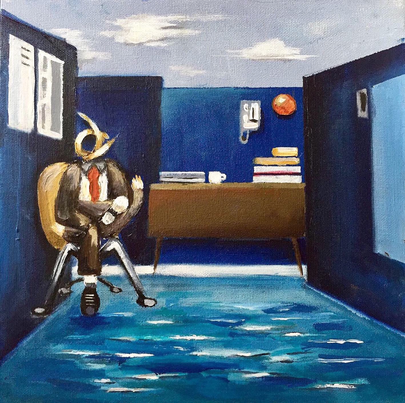 ‘ 9-5 ‘ acrylic painting on 12 x 12 inch canvas. Depicting a man stuck in his miserable 9-5 office job pinning his hopes on that all inclusive beach holiday once a year.