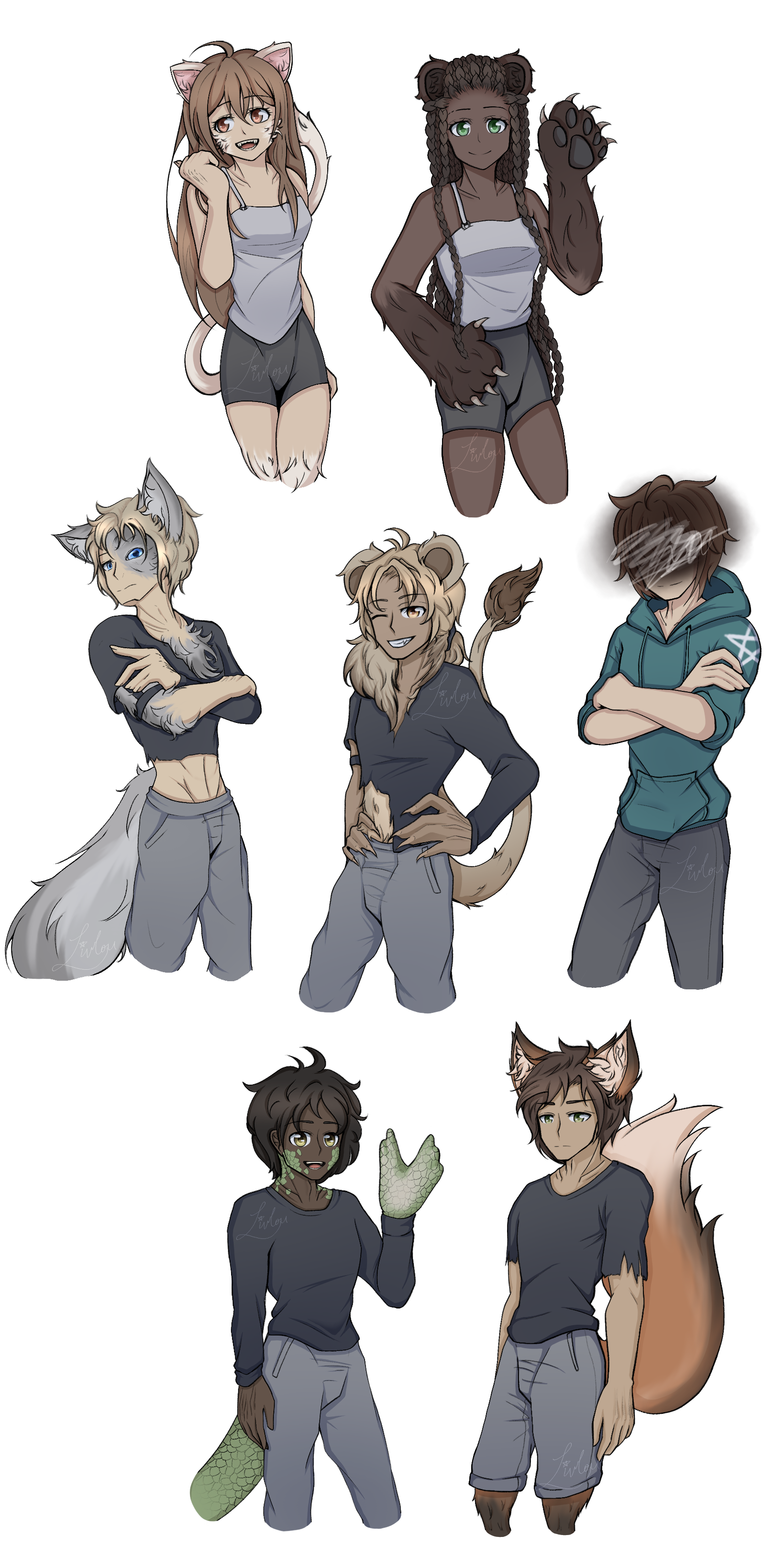 Annaliese (top left), Leah (top right), Cory (middle left), Theo (middle middle), Anthony (middle right), Elias (bottom left), Arthur (bottom right)