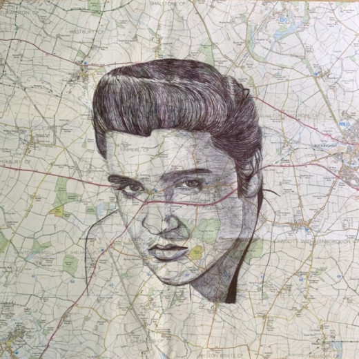 Biro drawing of Elvis Presley on a local map