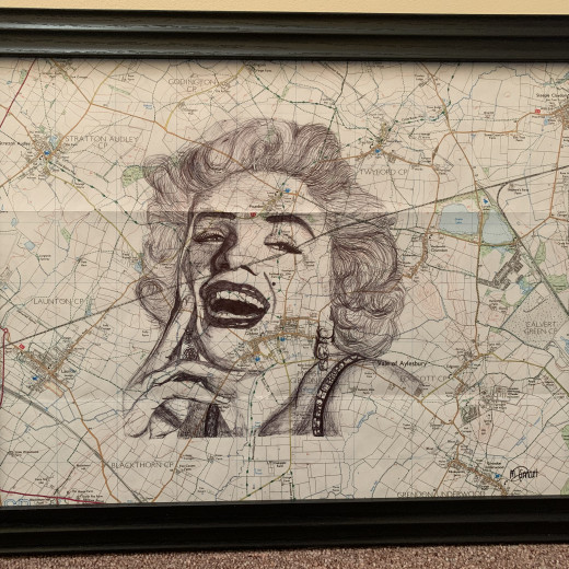 Biro drawing of Marilyn Monroe on a local map
