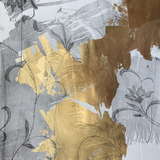 Monoprint, gold leaf and lace