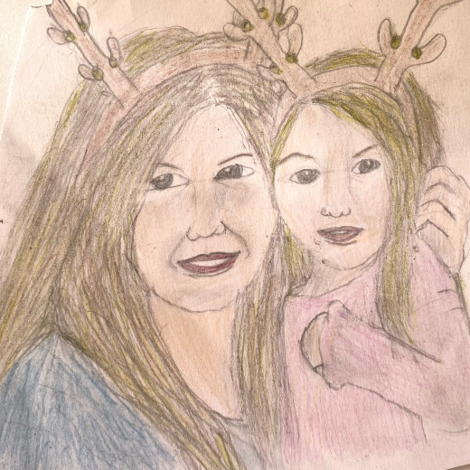 Mother and daughter at Christmas [coloured pencil]
