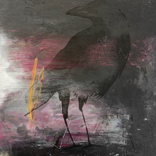 Raven (2022) Lino Print on Acrylic Background