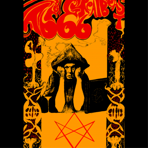 The Great beast 666. A portrait of occultist Aliester crowley inspired by 60s psychedelic posters and fin de seclee art nouveau, made with pen and ink and digitally coloured.